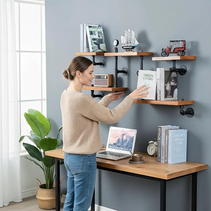 Industrial Rustic Modern Wood Ladder Pipe Wall Mounted Floating Shelves - Image 8