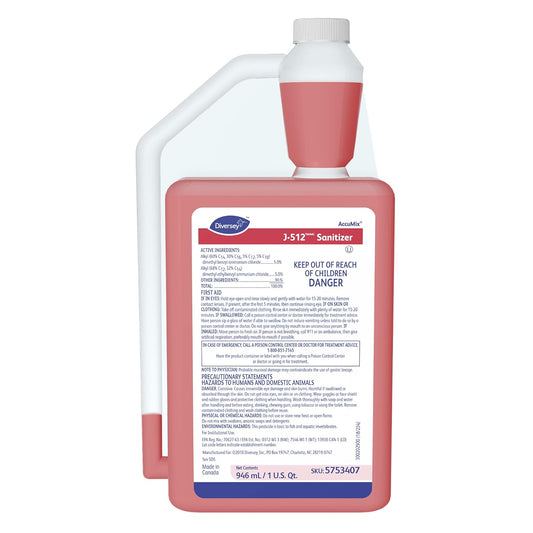 Diversey 5753407 J-512 Sanitizer, No Rinse Food Contact Kitchen Sanitizer for Utensils & Dishes, AccuMix Concentrate, 32-Ounce