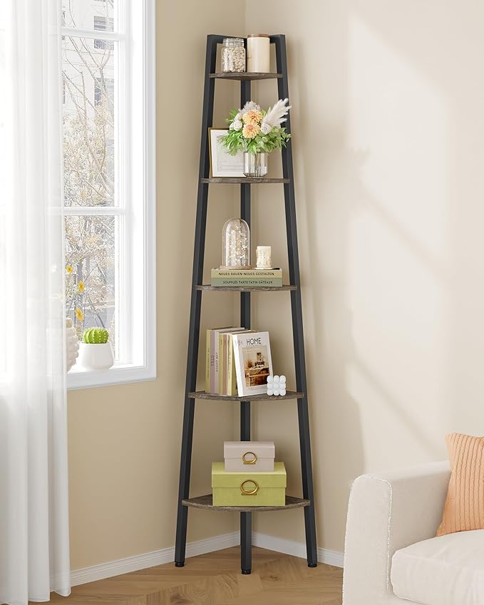 Hoctieon Corner Shelf, 5-Tier Corner Bookshelf, Rustic Ladder Shelf, Industrial by Hoctieon