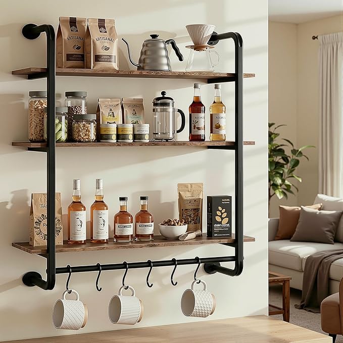 3 Tier Industrial Pipe Floating Shelf, Coffee Bar Shelves Display Bookshelf - Image 6