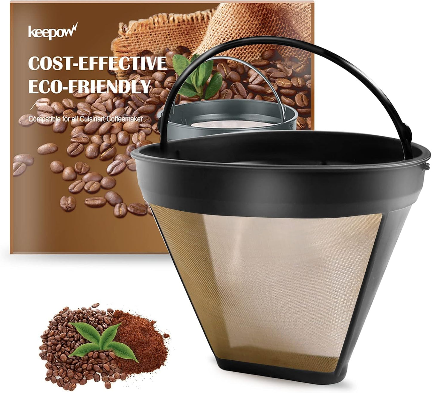 KEEPOW Reusable Coffee Filter Replacement 12-Cup, Compatible with Cuisinart Coffee Makers, Gold Tone Coffee Filter Basket 10-12 Cup