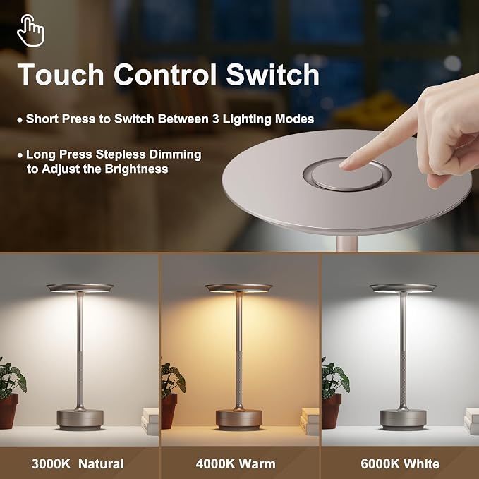 2 Pack Rechargeable Cordless Table Lamps, 5000mAh Portable LED Table Light - Image 2
