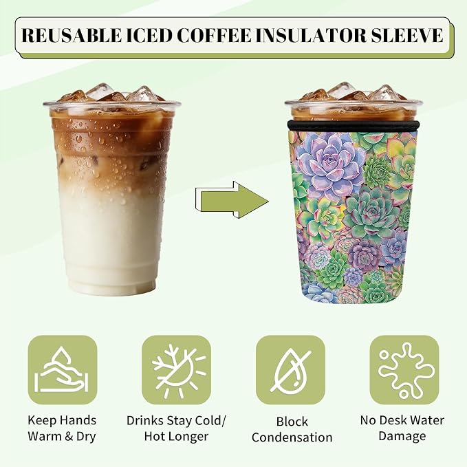 Colorful Succulent Iced Coffee Cup Sleeve 3 Pack, Plant Lover Reusable Neoprene - Image 7