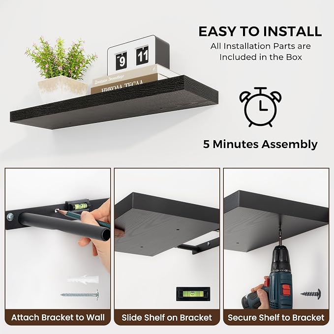 Dreamland 16 Inch Long Floating Shelves in Black, 6.7 Inch Deep Floating Shelf - Image 6