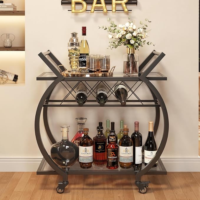 LVB Bar Cart with Glass, Home Bar Serving Cart with 2 Tier Storage Glass Shelves - Image 7