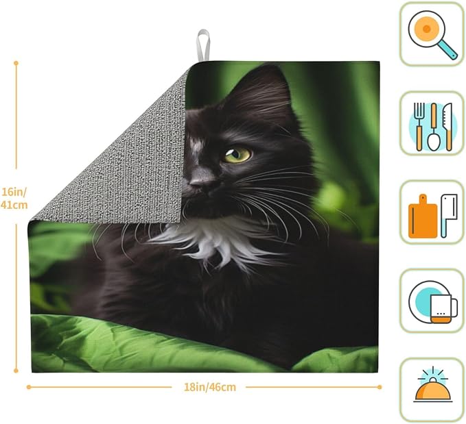 Black Cats And White Kitten Green Large Dish Mat 16X18 Microfiber Absorbent - Image 5