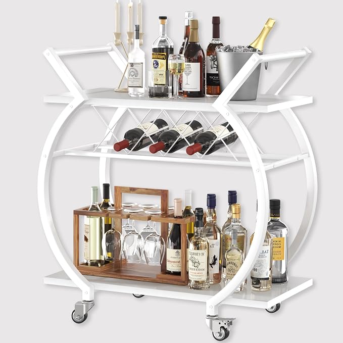 LVB White Bar Cart, Modern Rolling Serving Wine Cart by LVB