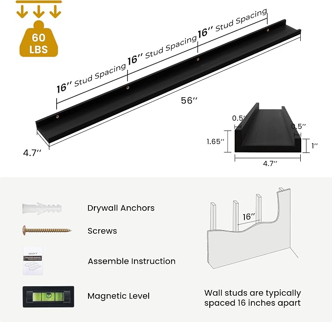 Acovy Solid Ash Wood Picture Ledge Shelf, Floating Shelves Set of 2, 56 Inch - Image 3