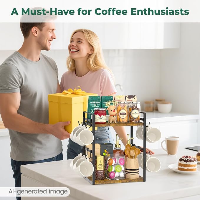 EsLuker.ly 2 Tier Coffee Mug Holder Station Bar Organize Countertop, Mug Cup - Image 7