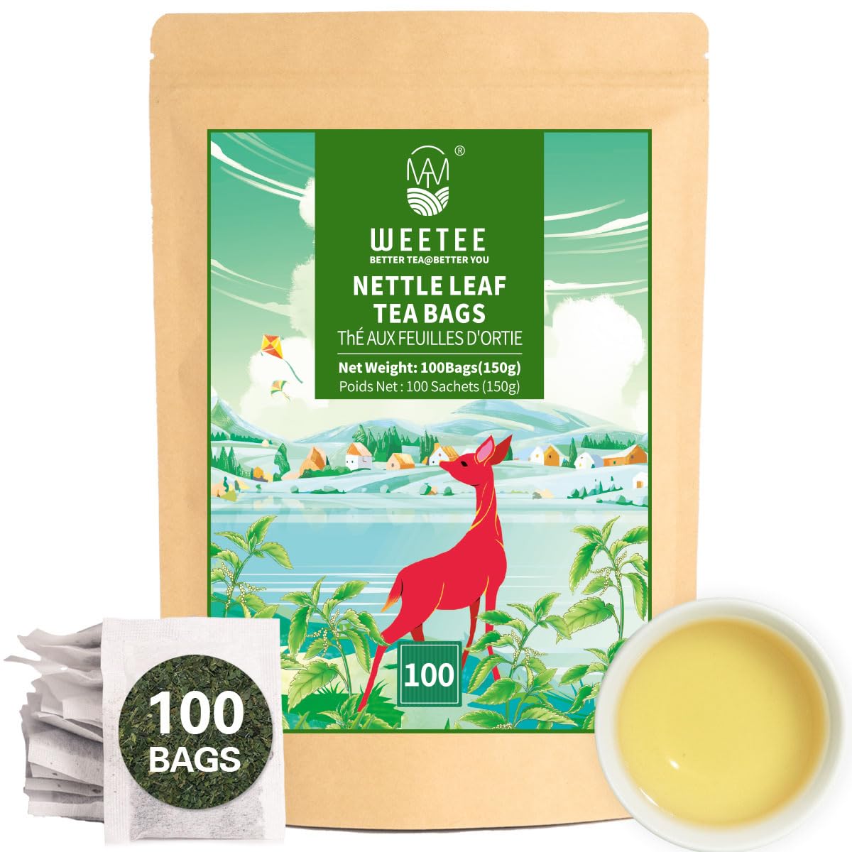 WT WEETEE Nettle Leaf Tea Bags, Made with 100% Pure Stinging Nettle Leaf, Natural Caffeine-free Herbal Tea Rich in Vitamins & Minerals,1.5g x 100 Counts