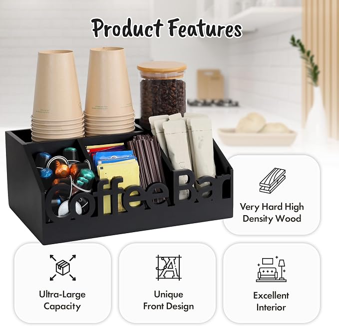 Coffee Bar Organizer Countertop, Wood Tea & Coffee Pod Station Caddy, Coffee - Image 3