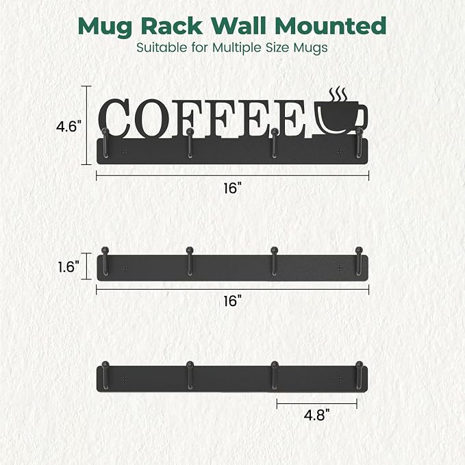 EsLuker.ly Mug Holder Rack Coffee Cup Hanger Wall Mount, Metal Wall Cup Shelf - Image 2