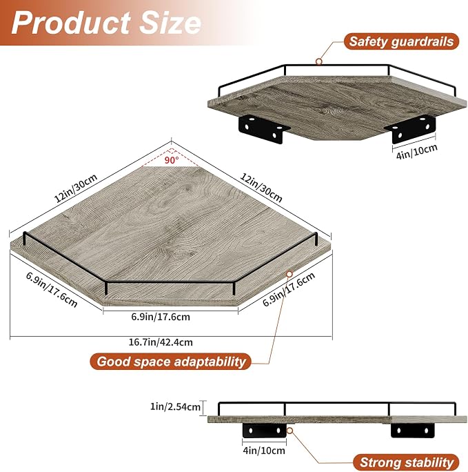 JJL Corner Shelf Wall Mounted, 12 Inches 2-Tier Floating Corner Shelf, Hexagon - Image 2
