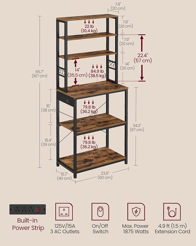 VASAGLE Bakers Rack with Power Outlet, 23.6 Inches Coffee Bar - Image 6