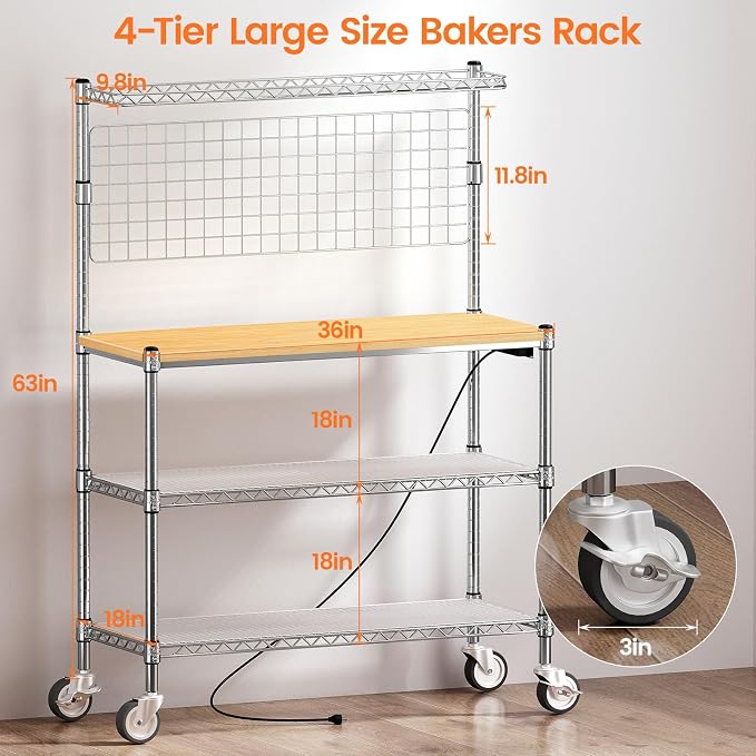Leteuke Bakers Rack with Power Outlet & Storage, 36 Inch Microwave Stand - Image 2