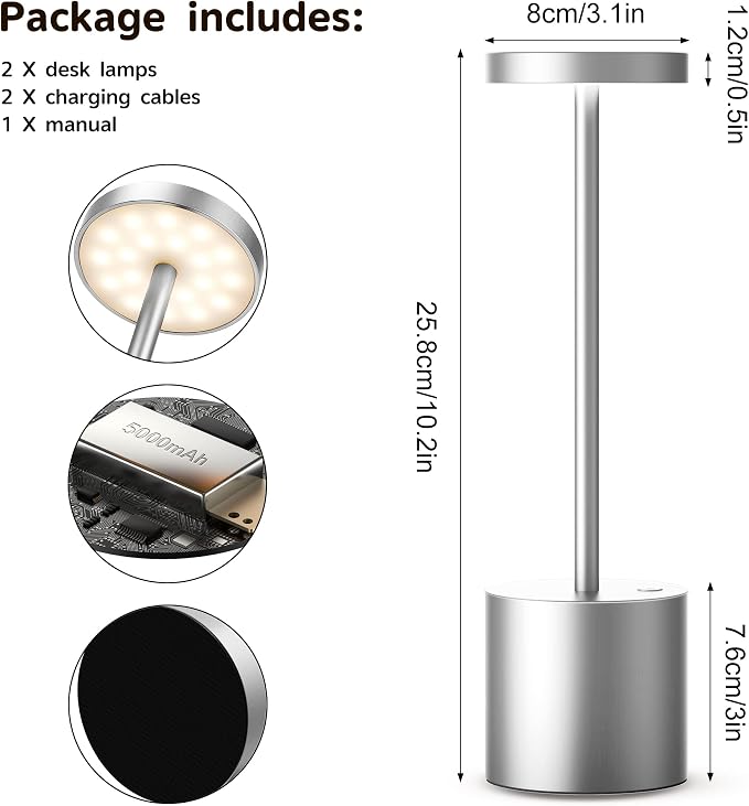 2Pack Cordless Table Lamp, Rechargeable LED Battery 5000mAh Metal USB Portable - Image 7