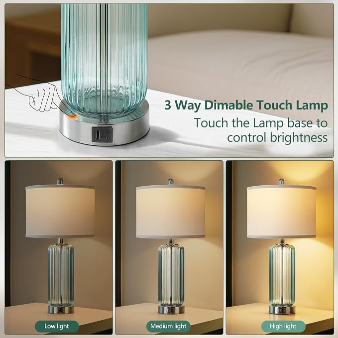 Table Lamps Set of 2 with Vertical Grained Glass, Teal Bedside Table Lamp - Image 3