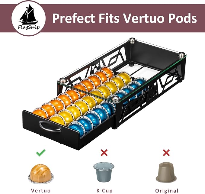 FlagShip Vertuo Pod Drawer Glass Top Coffee Capsule Organizer & Space-Saving - Image 5