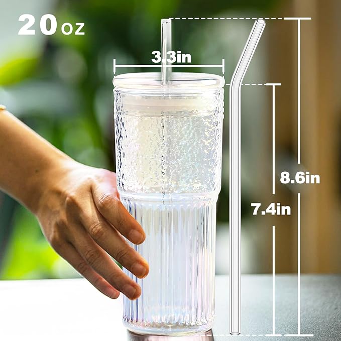 JunVpic Glass Cups with Lids and Straws, 20 OZ Multi Iced Coffee Glasses - Image 3