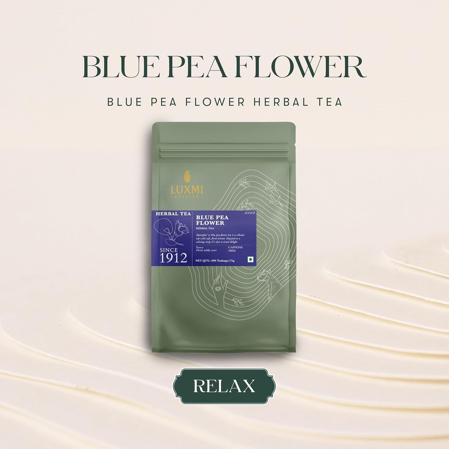 Luxmi Estates Butterfly Pea Flower Organic Blue Pea Flower Tea (50 Tea Bags) Caffeine Free Tea Bags For Relaxing, Calming, and Stress Relief, With Certified Herbal Tea