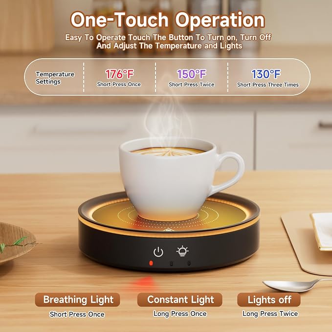 36W Mug Warmer, 3 Temperature Settings, Auto Shut Off, Max 176°F, Wood Grain - Image 2