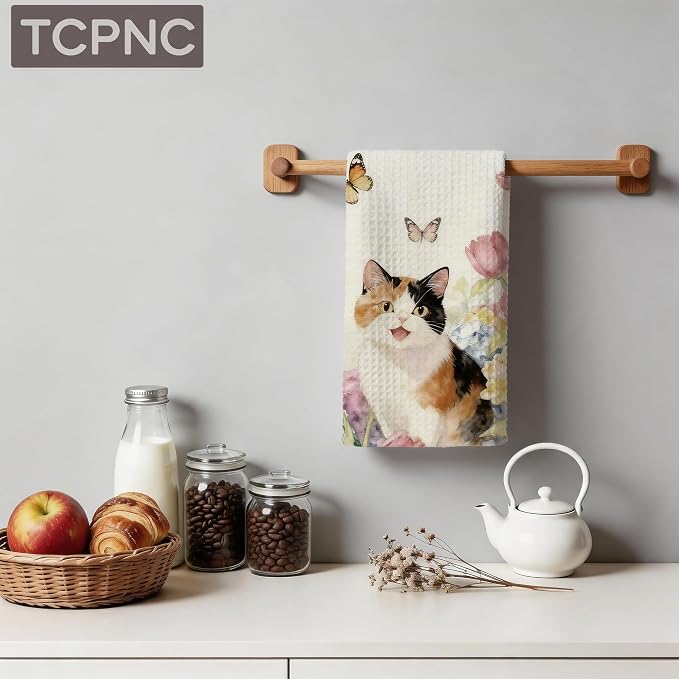 Cute Calico Cat Hand Towel, Hydrangea Cat Decorative Tea Towel - Image 4