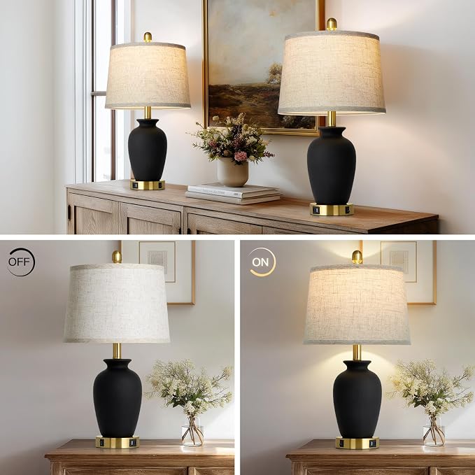 Cinkeda 23" Set of 2 Black Ceramic Farmhouse Table Lamp - Image 4