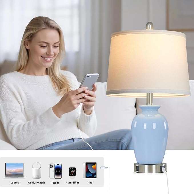 Cinkeda 23" Light Blue Ceramic Table Lamp Set of 2 - Image 3