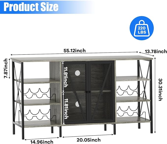 55" Wine Bar Cabinet with LED Light, Wine Rack & Glass Holder, Mesh Doors & - Image 2