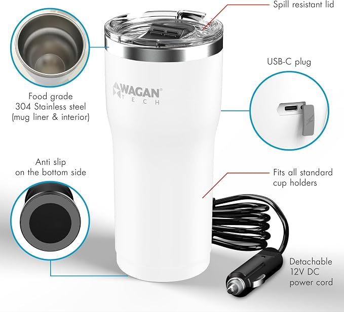Wagan EL6102 12V Travel Car Heated Mug Portable 16oz Stainless Steel Anti-Spill - Image 2