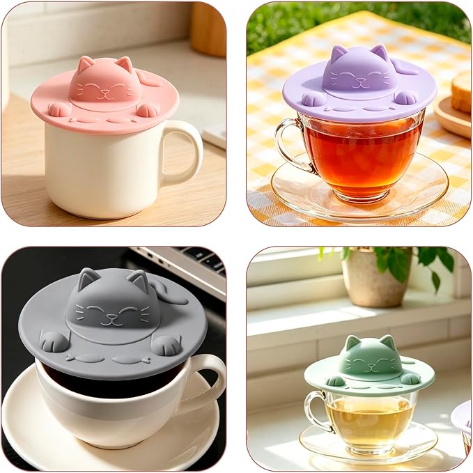 Enenes 4 Pack Silicone Tea Bag Holder and Squeezer, 4 Inch Cat-Shaped Cup Lid - Image 6