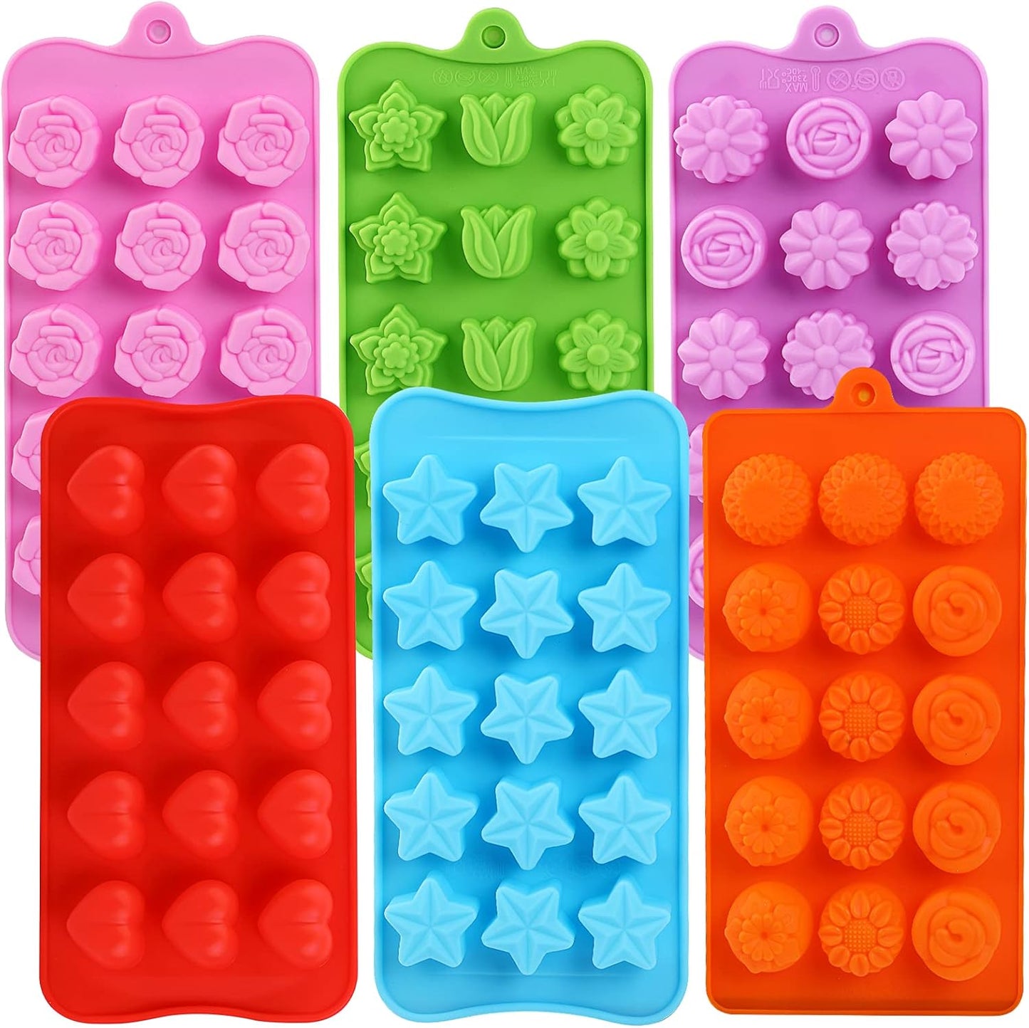 Flower Shape Chocolate Candy Molds Set,Heart,The stars,The rose,Flowers in Combination,15 Cavity Silicone Baking Mold Ice Cube Tray-Wedding,Festival,Parties and DIY Crafts-(6Pcs)