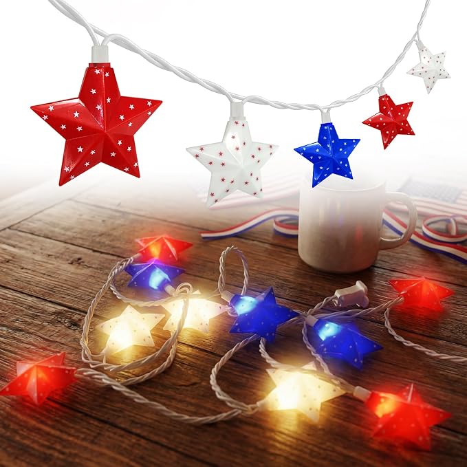 SUNSGNE 8.5FT Red White and Blue Star String Lights, 4th of July Lights by SUNSGNE