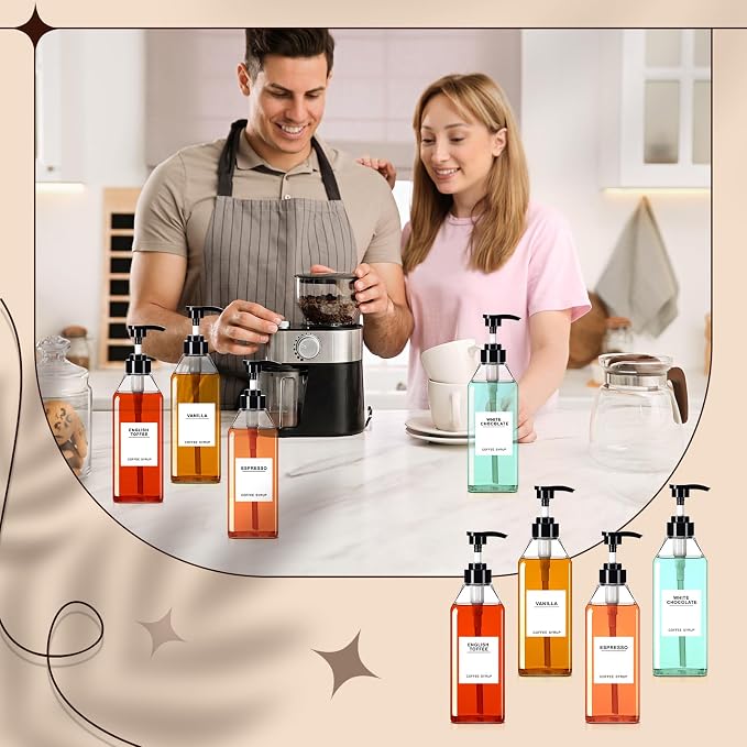 Nuogo 6 Pcs Coffee Syrup Dispenser Bottles Set 750ml, 150ml PET Black Syrup - Image 3