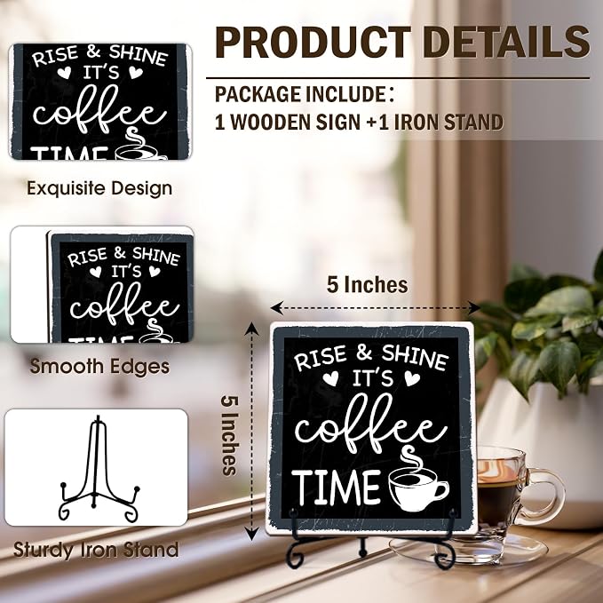 Funny Coffee Bar Decor, Rise & Shine It's Coffee Time Wood Plaque - Image 2