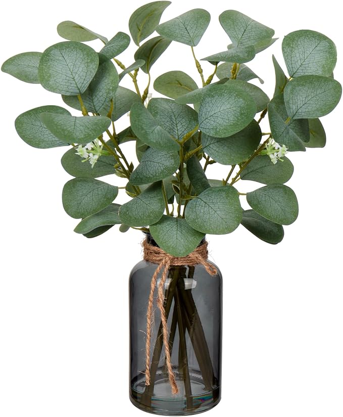 Briful Artificial Eucalyptus Stems in Black Glass Vase by Briful