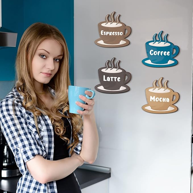 Blulu 4 Pieces Coffee Wooden Wall Art Decor Wooden Coffee Cup Signs Espresso - Image 5