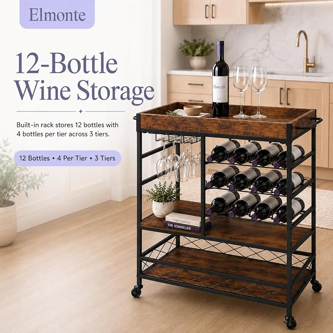 Elmonte Wine & Bar Cart with Wheels – 3-Tier Rolling Cart with 12-Bottle Rack & - Image 3