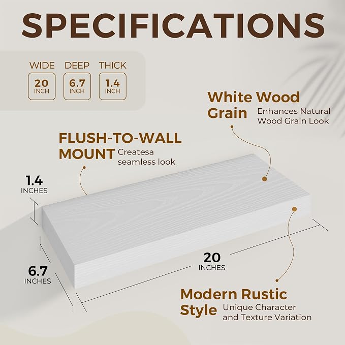 Dreamland 20 Inch Long Floating Shelves in White, 6.7 Inch Deep Floating Shelf - Image 5