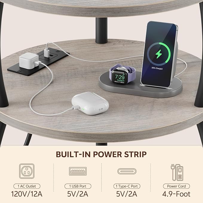 Round Side Table with Charging Station, USB Type C Port, Greige | End Table - Image 6