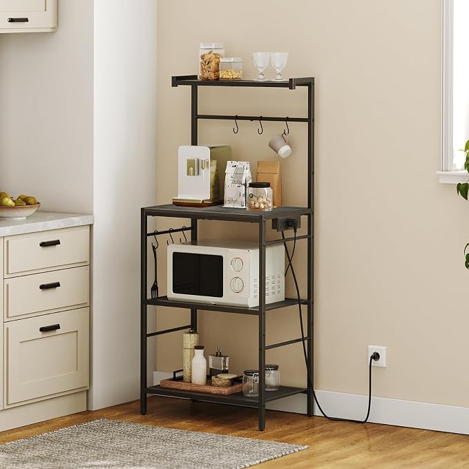 MAHANCRIS Bakers Rack with Power Outlet, Kitchen Storage Shelf with 6 Hooks - Image 3