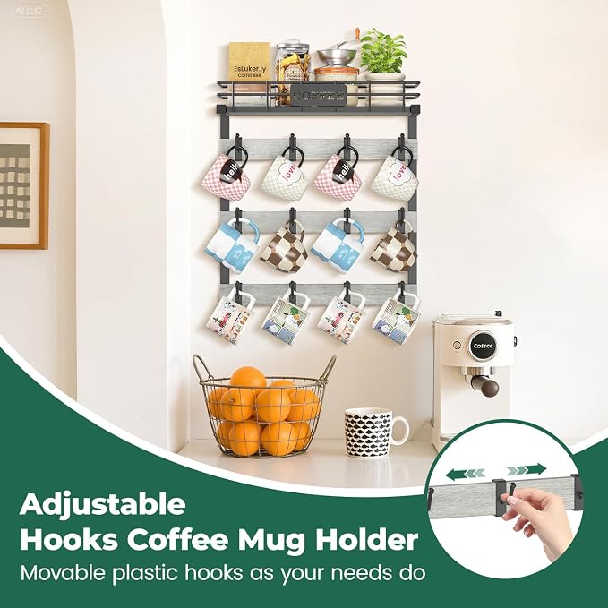 EsLuker.ly Coffee Mug Holder Wall Mounted Display Rack, Metal Cup Hanger - Image 2