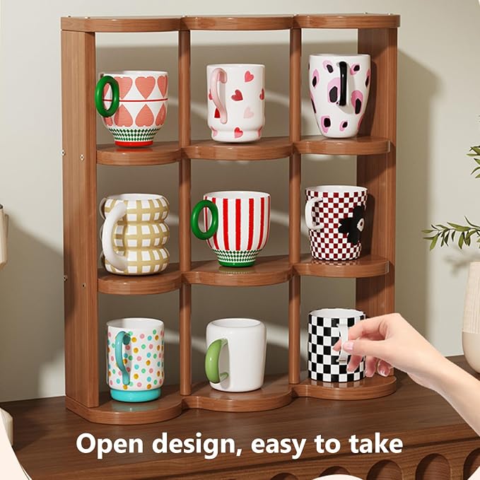 Wooden Coffee Mug Display Rack, Freestanding Grid Vintage Coffee Cup Display - Image 6