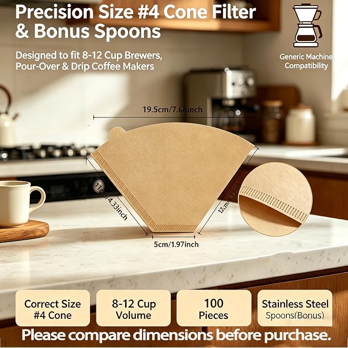 #4 Cone Coffee Filters 100 Count, Unbleached Natural Brown Paper, No Bleach No - Image 2