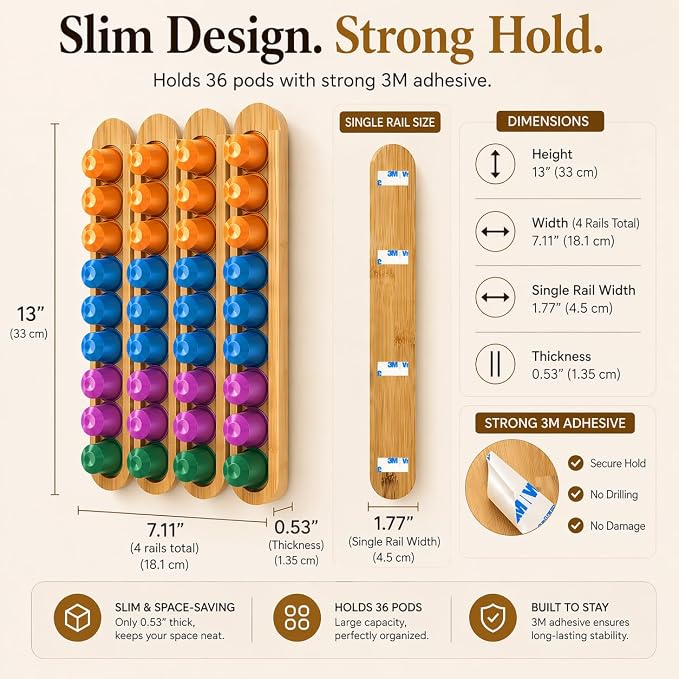 Bamboo Coffee Pod Holder, Adhesive Wall Mount - Image 3