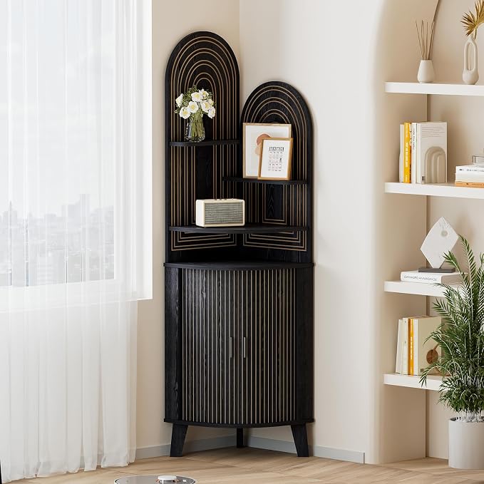 Small Corner Cabinet with Sliding Door and Storage, Tall Corner Bathroom Cabinet by Pruchant