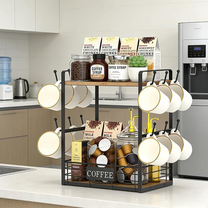 Coffee Mug Rack with 12 Hooks, 2-Tier Coffee Cup Holder with Shelf and Storage - Image 8