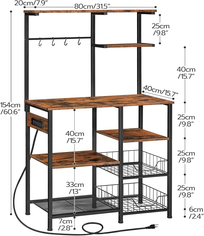 HOOBRO Bakers Rack with Power Outlet and LED Light, 6-Tier Microwave Stand with - Image 3
