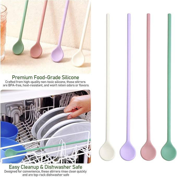 4 Pcs 10 inch Silicone Stirrer Spoons -Swizzle Stirrer Stick Multipurpose - Image 4