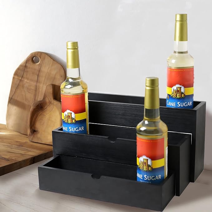Black Wood Coffee Syrup Rack Organizer, 3-Tier Separated Bottle Holder - Image 6